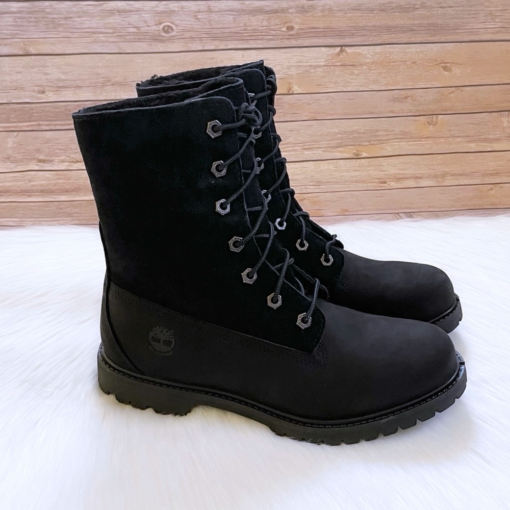 Timberland Women’s Authentics Teddy Fleece Waterproof Fold Down Black Boots - Picture 2 of 9